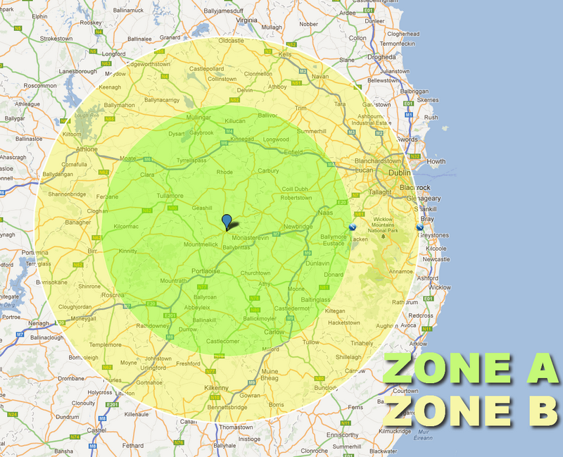Map of delivery zones for bulk loads of firewood including all of Dublin city. Bulk delivery by van is to Zone A & Zone B. 